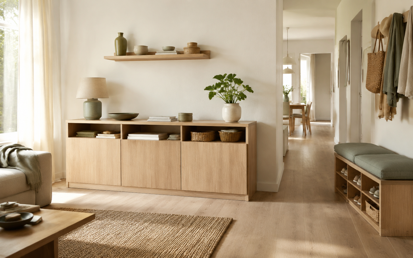 Helle, gemütliche Küche in Rosa, Creme und warmem Holz
