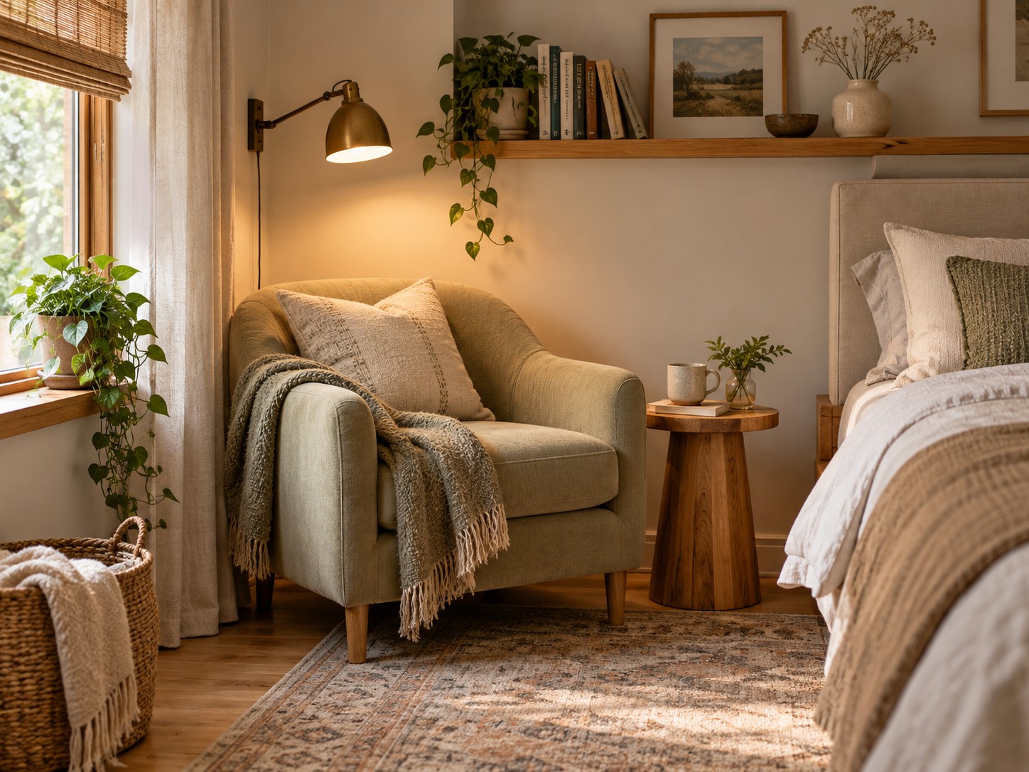 Salbeigrüner Lesesessel mit schwenkbarer Wandleuchte und kleinem Holztisch neben dem Bett