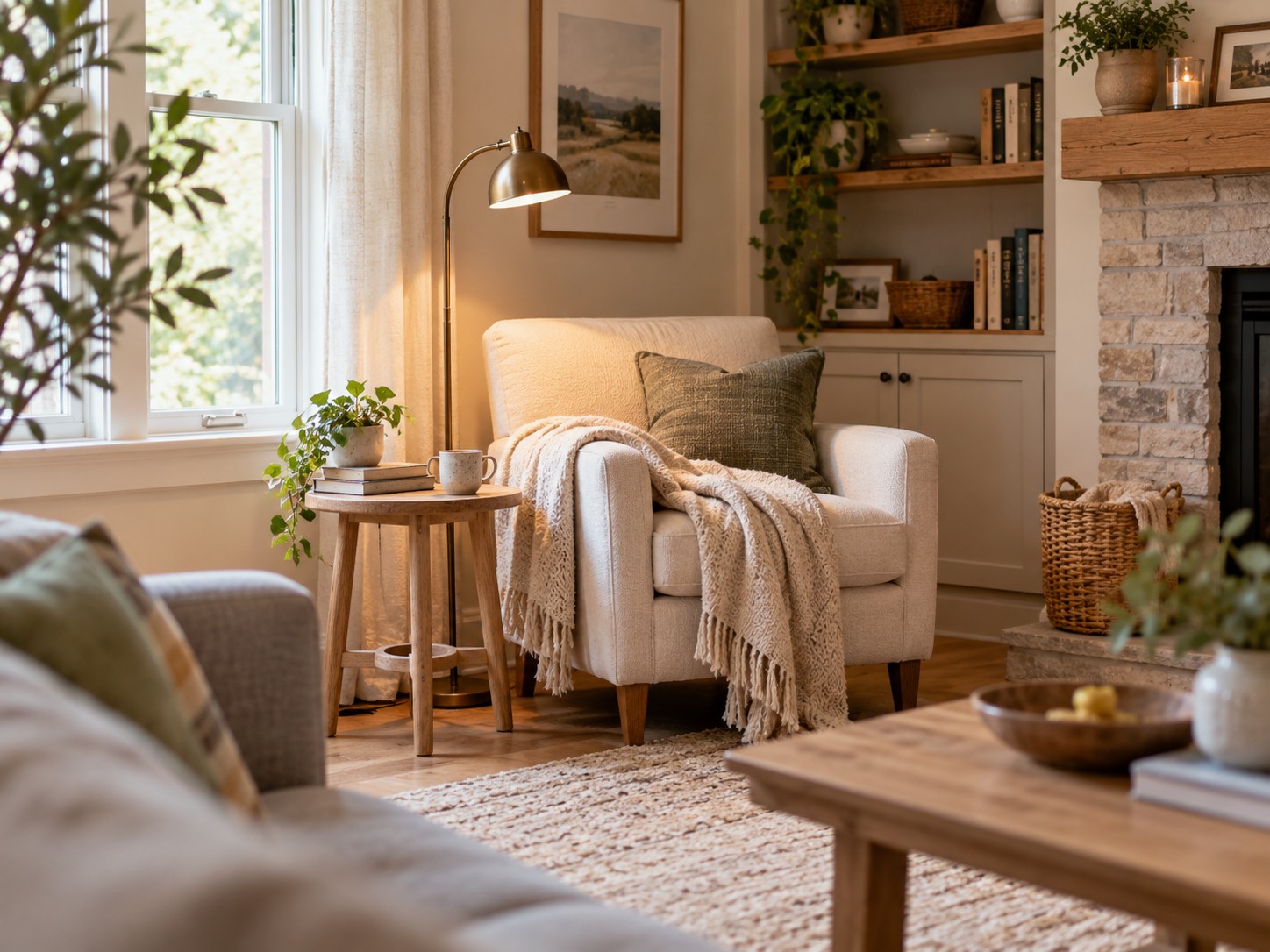 Gemütliche Leseecke am Fenster mit hellem Sessel, Leselampe, Holztisch und weicher Decke